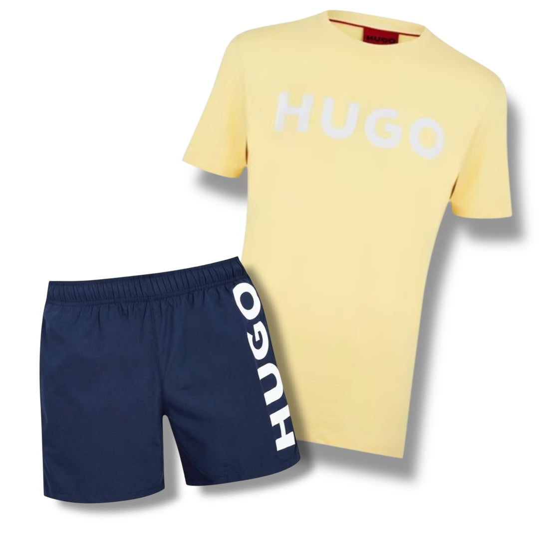 HUGO BIG LOGO T-SHIRT & VERTI SWIM SHORTS COMBO LEMON / NAVY