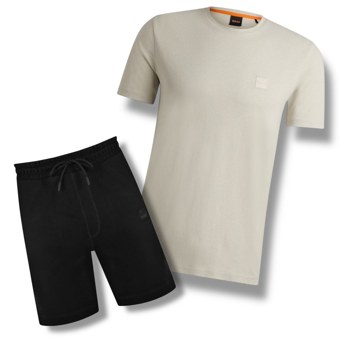 HUGO BOSS PATCH T-SHIRT & JERSEY SHORTS SET BEIGE & BLACK