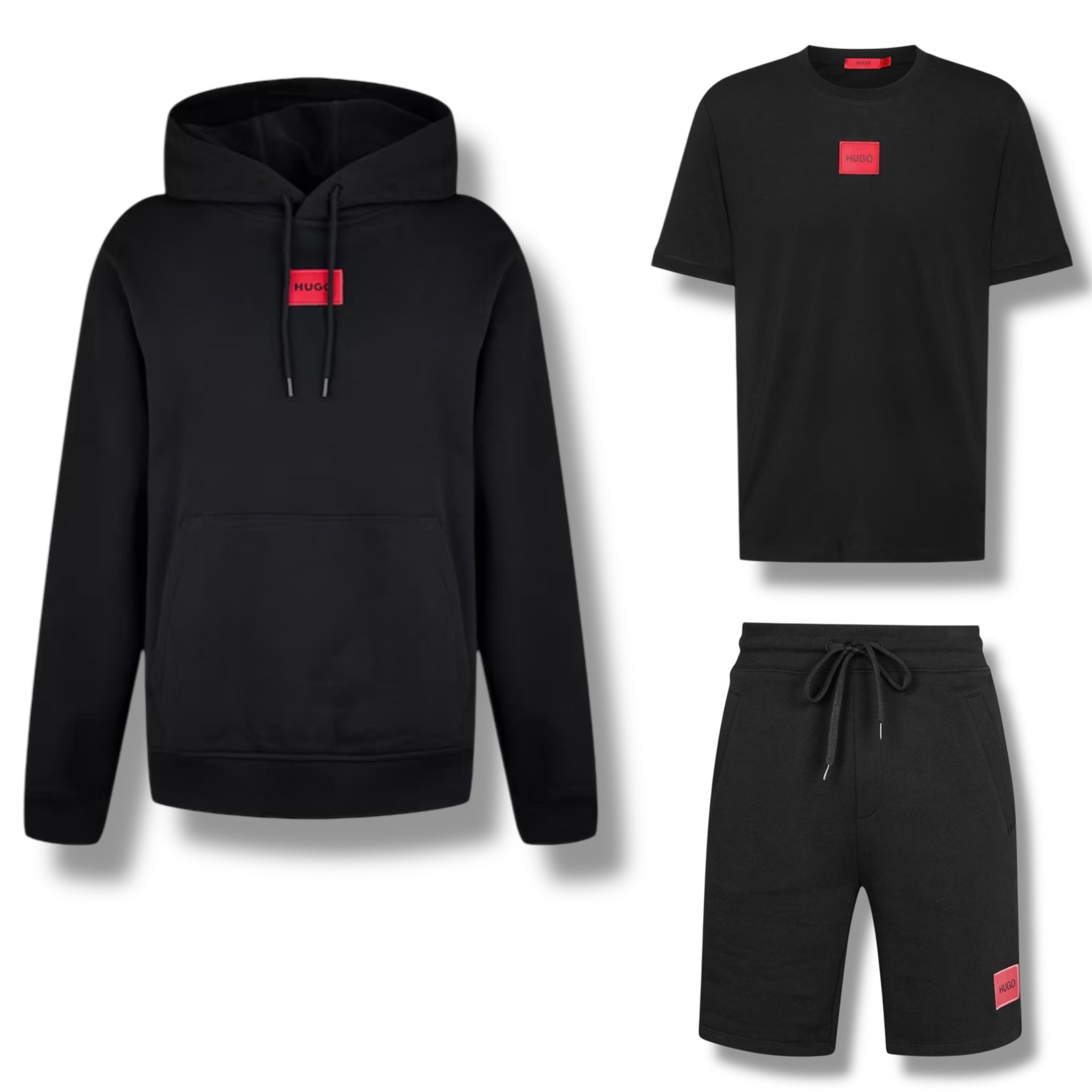 HUGO BOSS HUGO RED PATCH HOODIE - T-SHIRT & JERSEY SHORTS TRIPLE SET BLACK