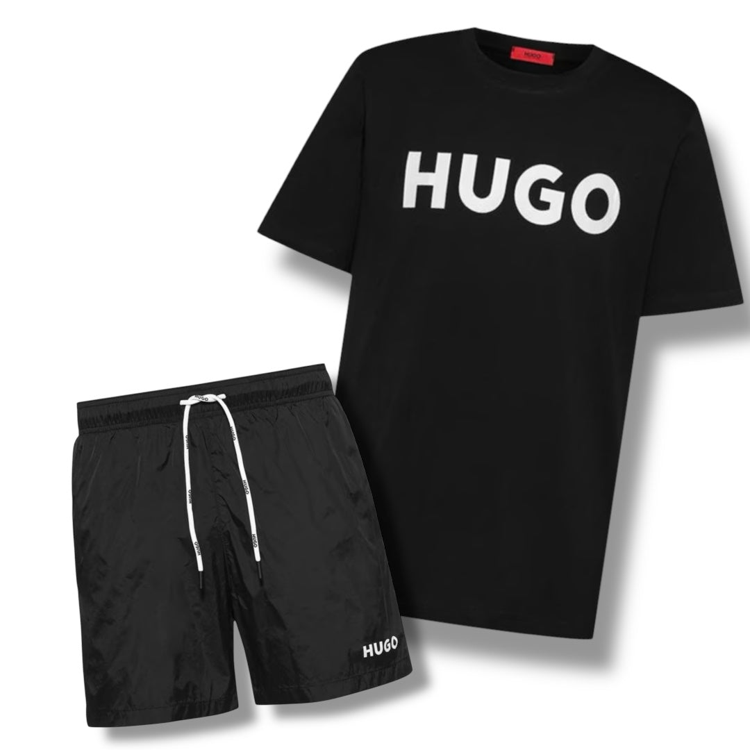 HUGO BIG LOGOT-SHIRT & SWIM SHORTS COMBO BLACK