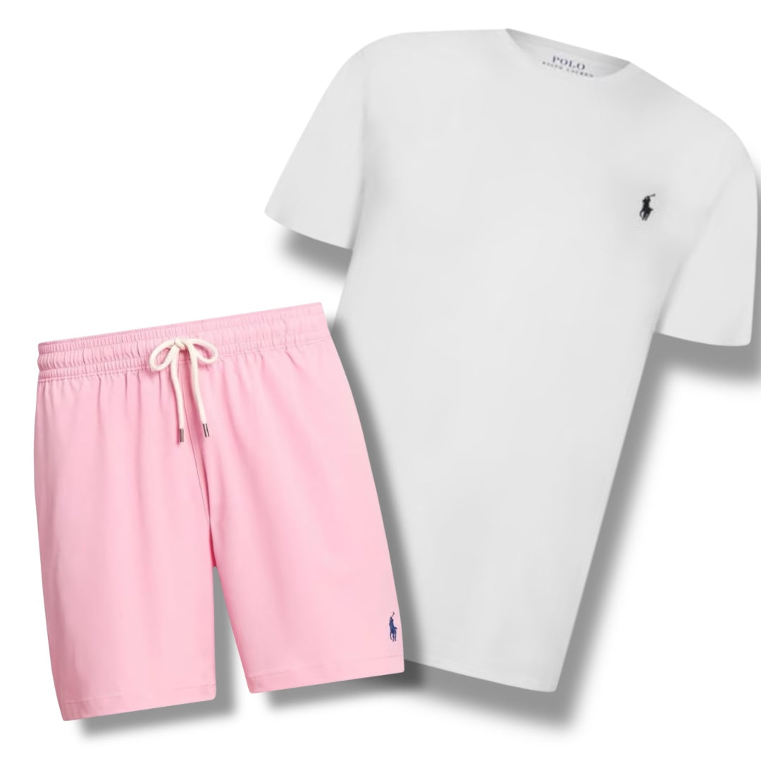 RALPH LAUREN T-SHIRT & SWIM SHORTS COMBO WHITE / PINK