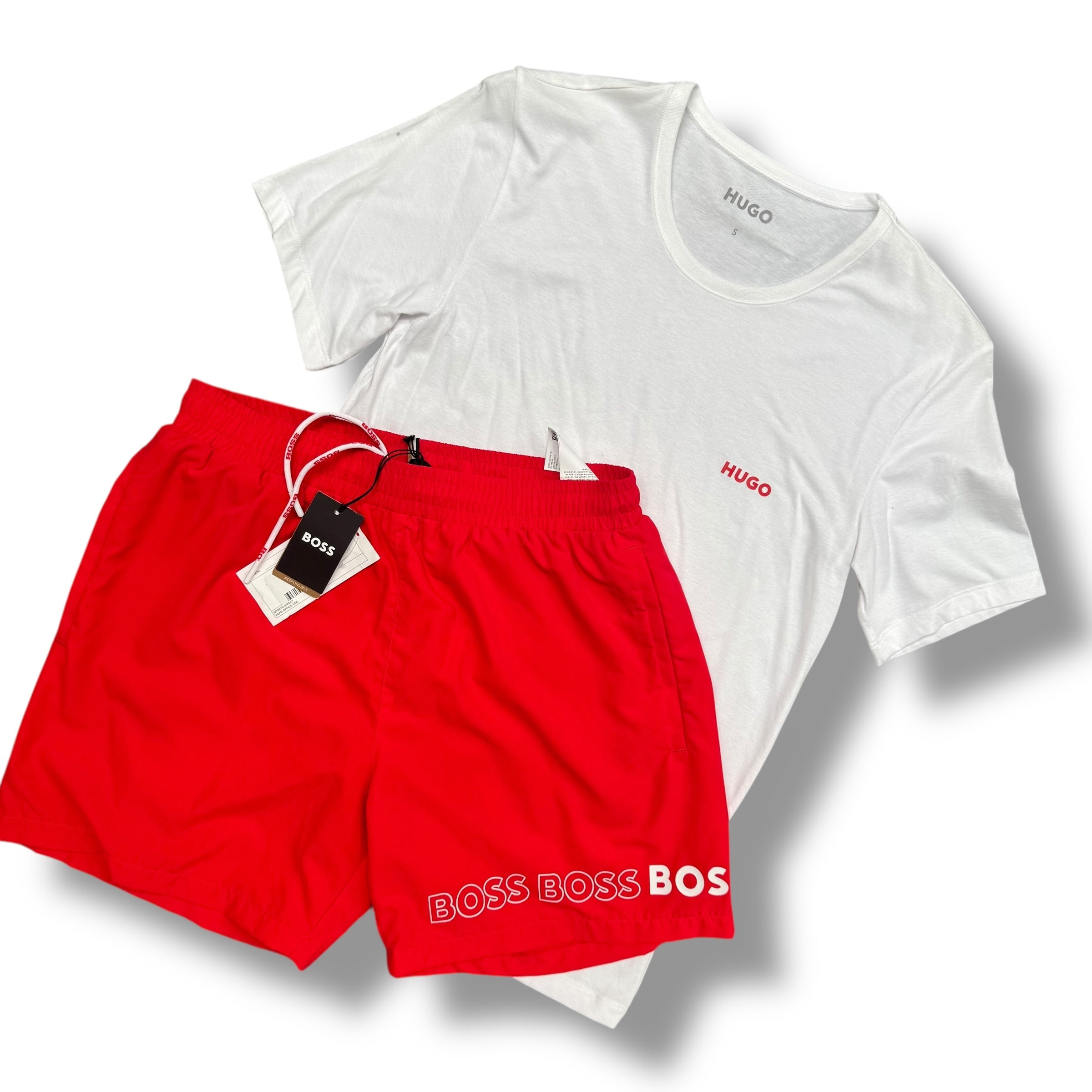 HUGO BOSS T-SHIRT & SWIM SHORTS SET WHITE & RED *SALE*