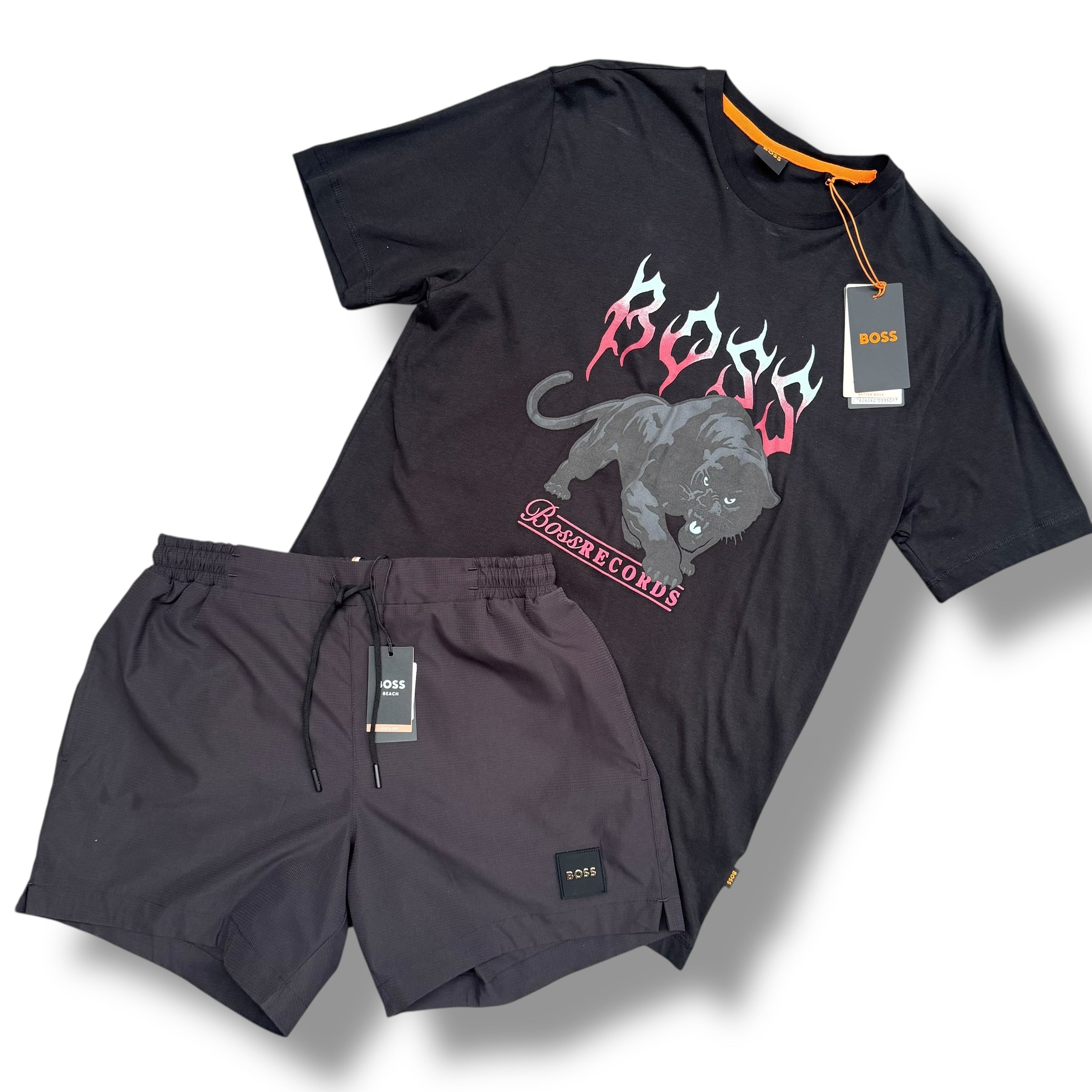HUGO BOSS T-SHIRT & SWIM SHORTS SET BLACK PANTHER LOGO *SALE*