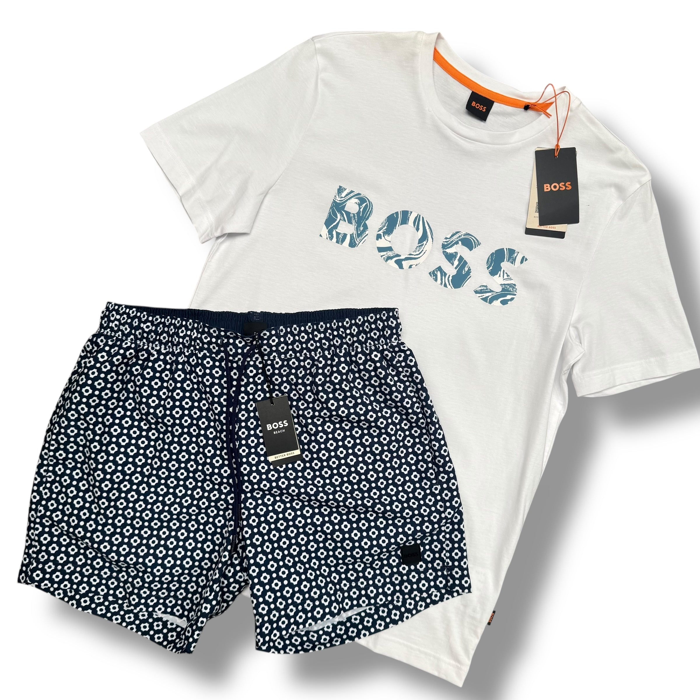 HUGO BOSS T-SHIRT & SWIM SHORTS SET WHITE & NAVY WAVE LOGO *SALE*