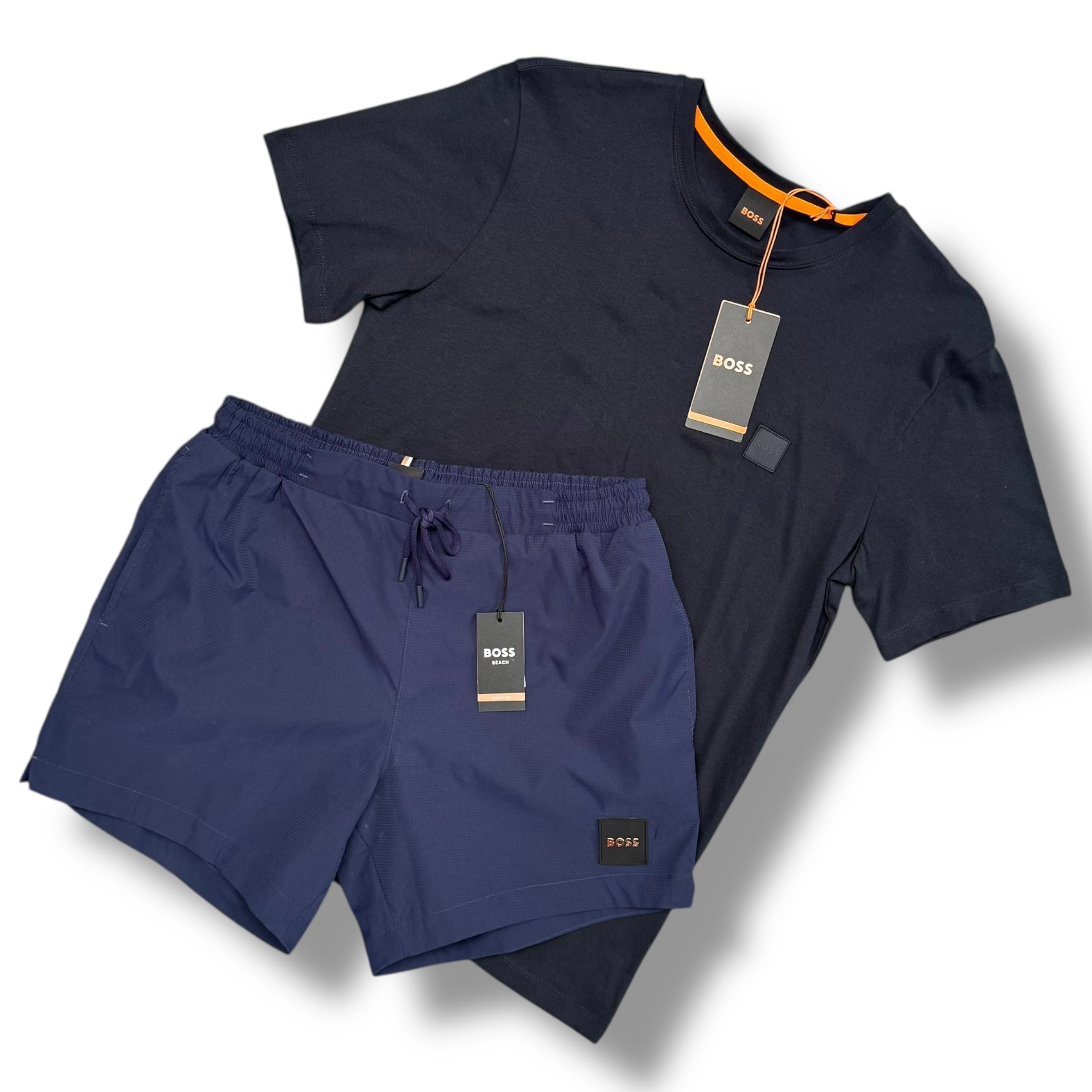 HUGO BOSS T-SHIRT & SWIM SHORTS SET NAVY PATCH LOGO *SALE*