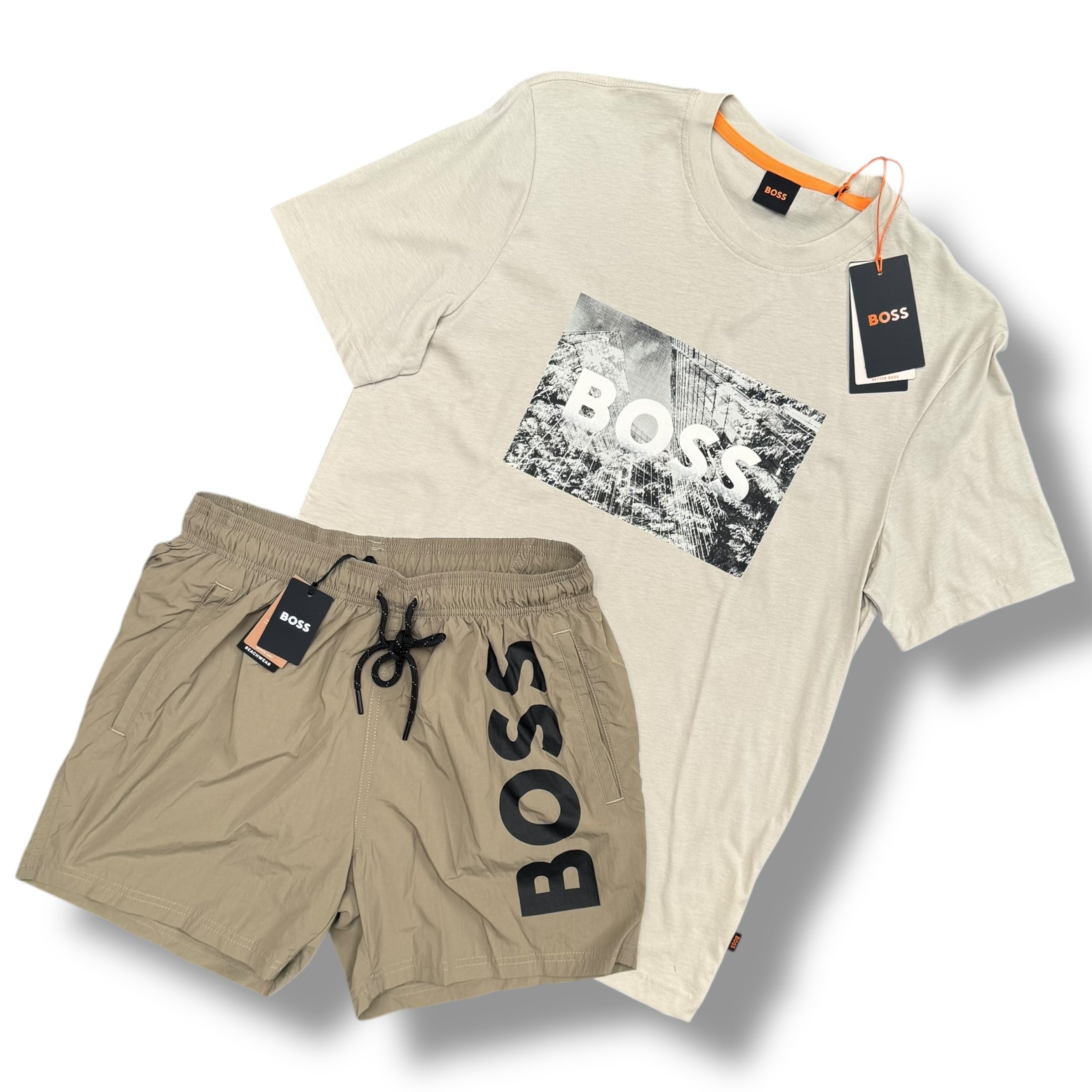 HUGO BOSS T-SHIRT & SWIM SHORTS SET BEIGE BOX LOGO *SALE*