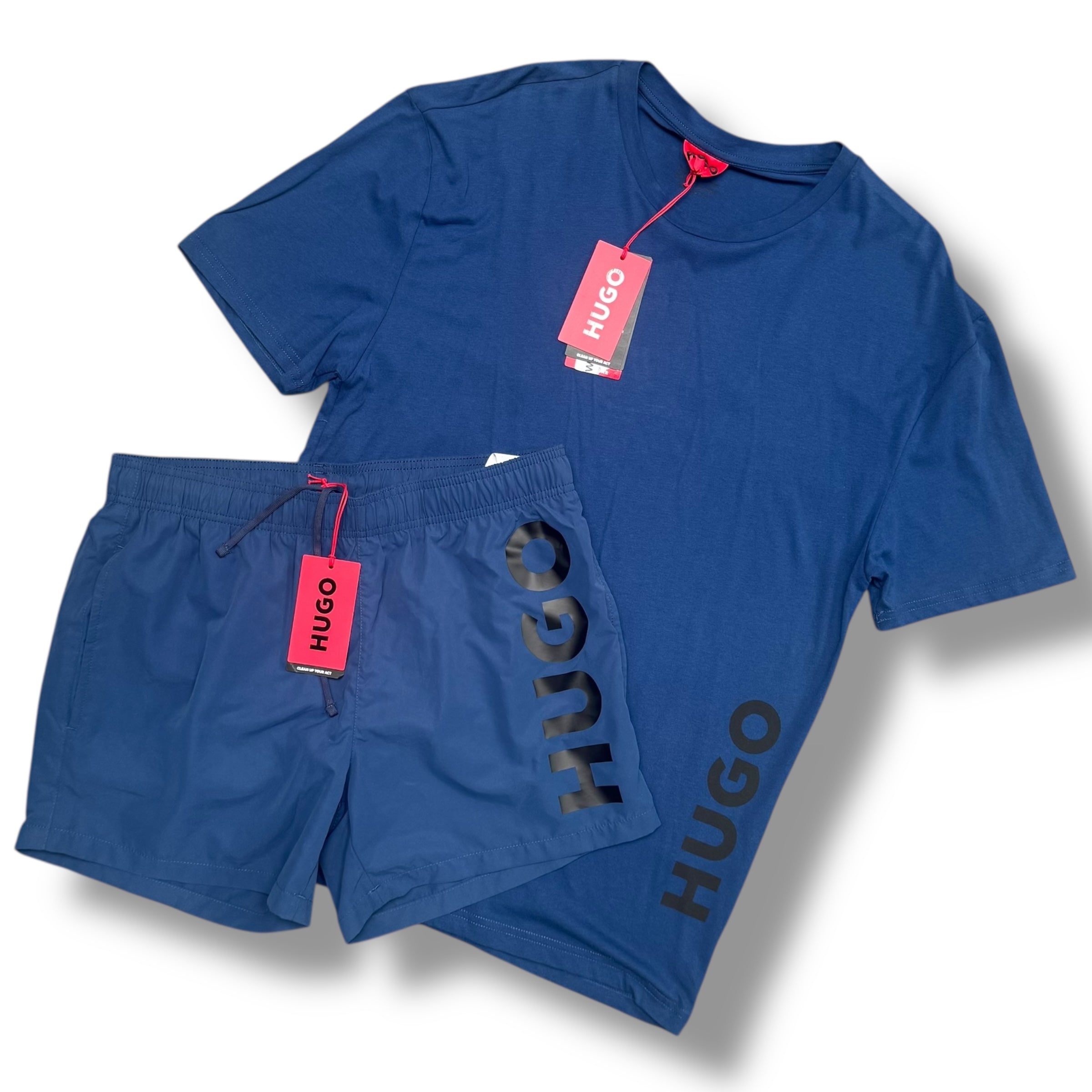 HUGO BOSS HUGO T-SHIRT & SWIM SHORTS SET BLUE VERTI LOGO *SALE*