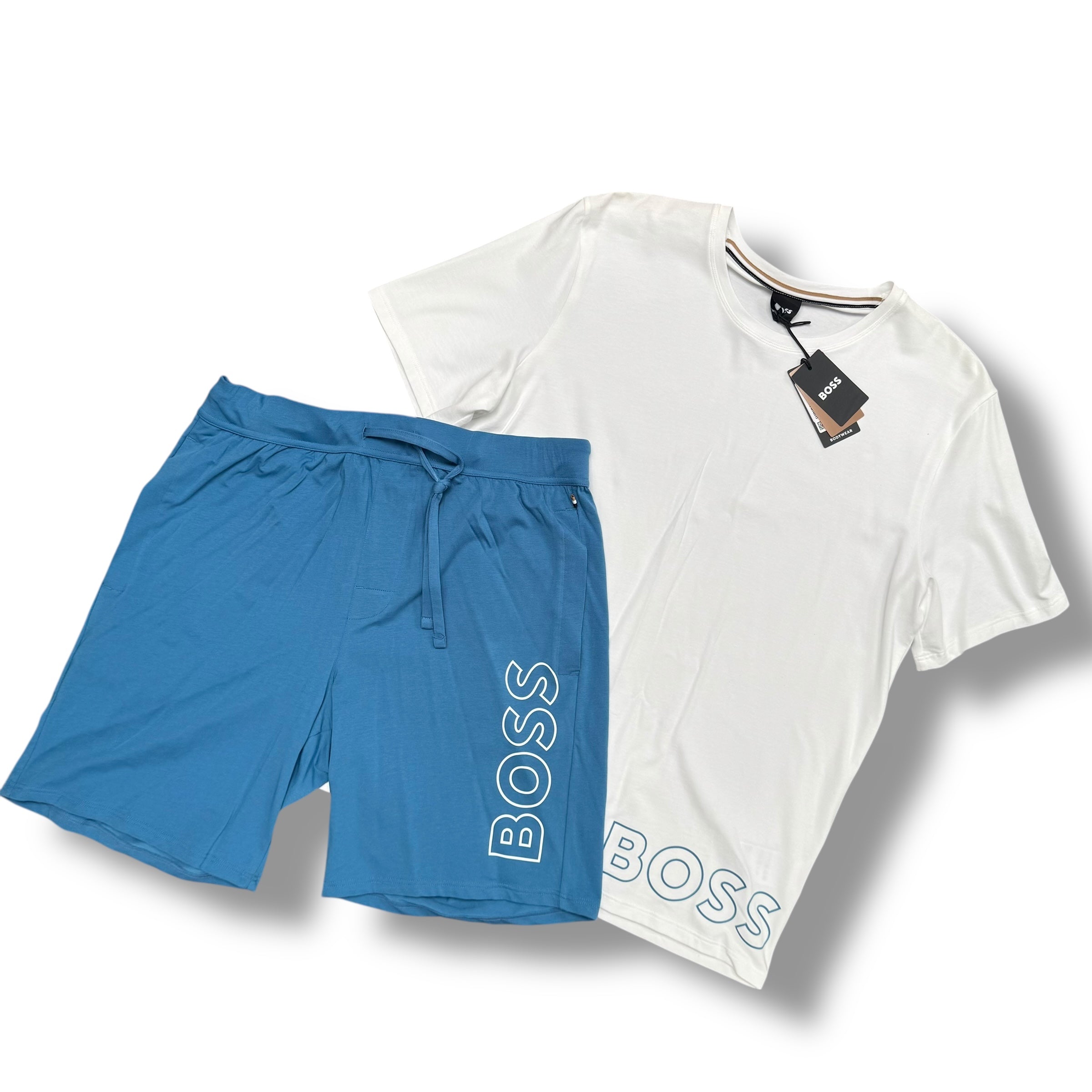 HUGO BOSS VERTI LOGO T-SHIRT & JERSEY SHORTS SET WHITE & BLUE *SALE*