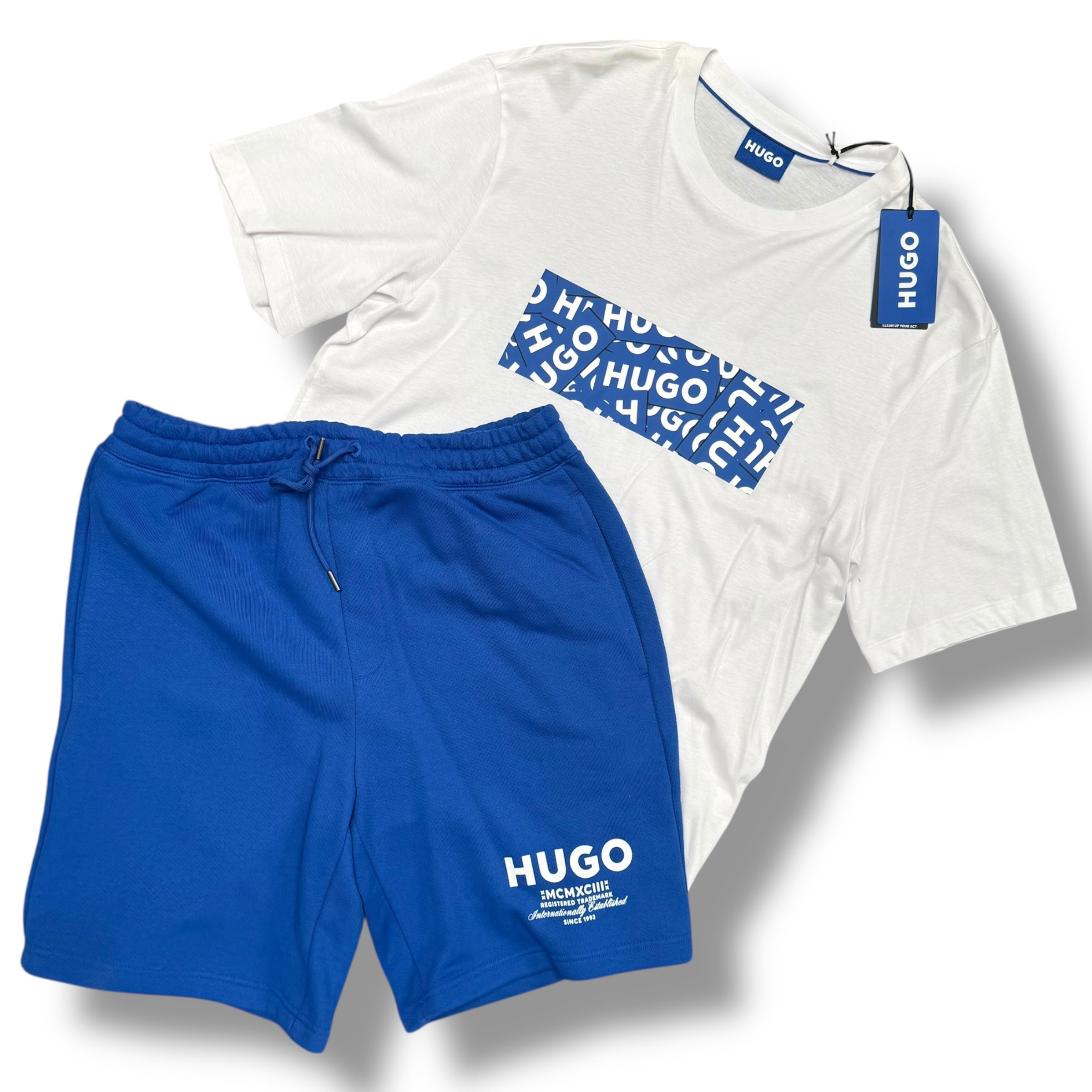 LHUGO BOSS HUGO BOX REPEAT LOGO T-SHIRT & JERSEY SHORTS WHITE & ROYAL *SALE*
