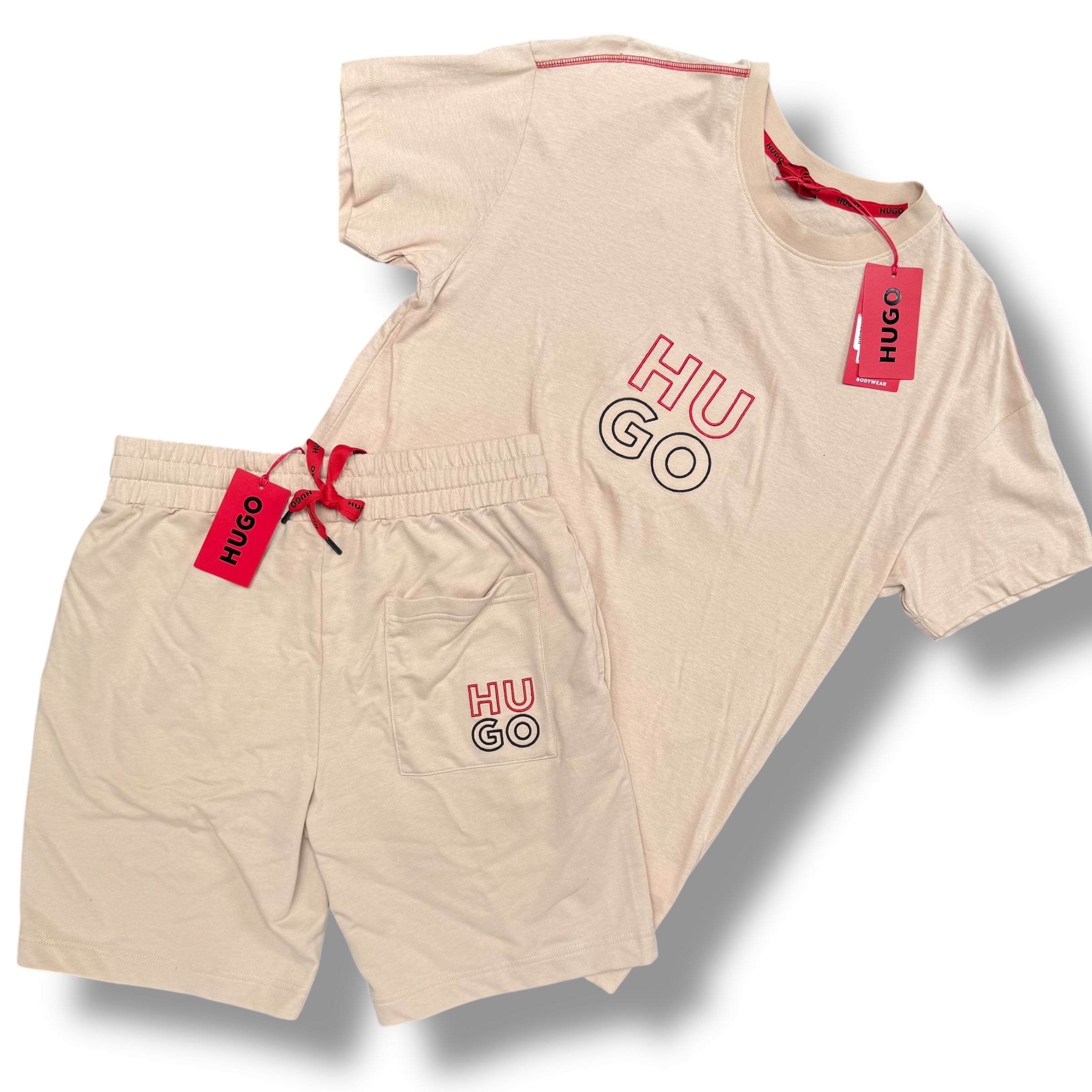 HUGO BOSS HUGO STACKED LOGO T-SHIRT & JERSEY SHORTS SET BEIGE *SALE*