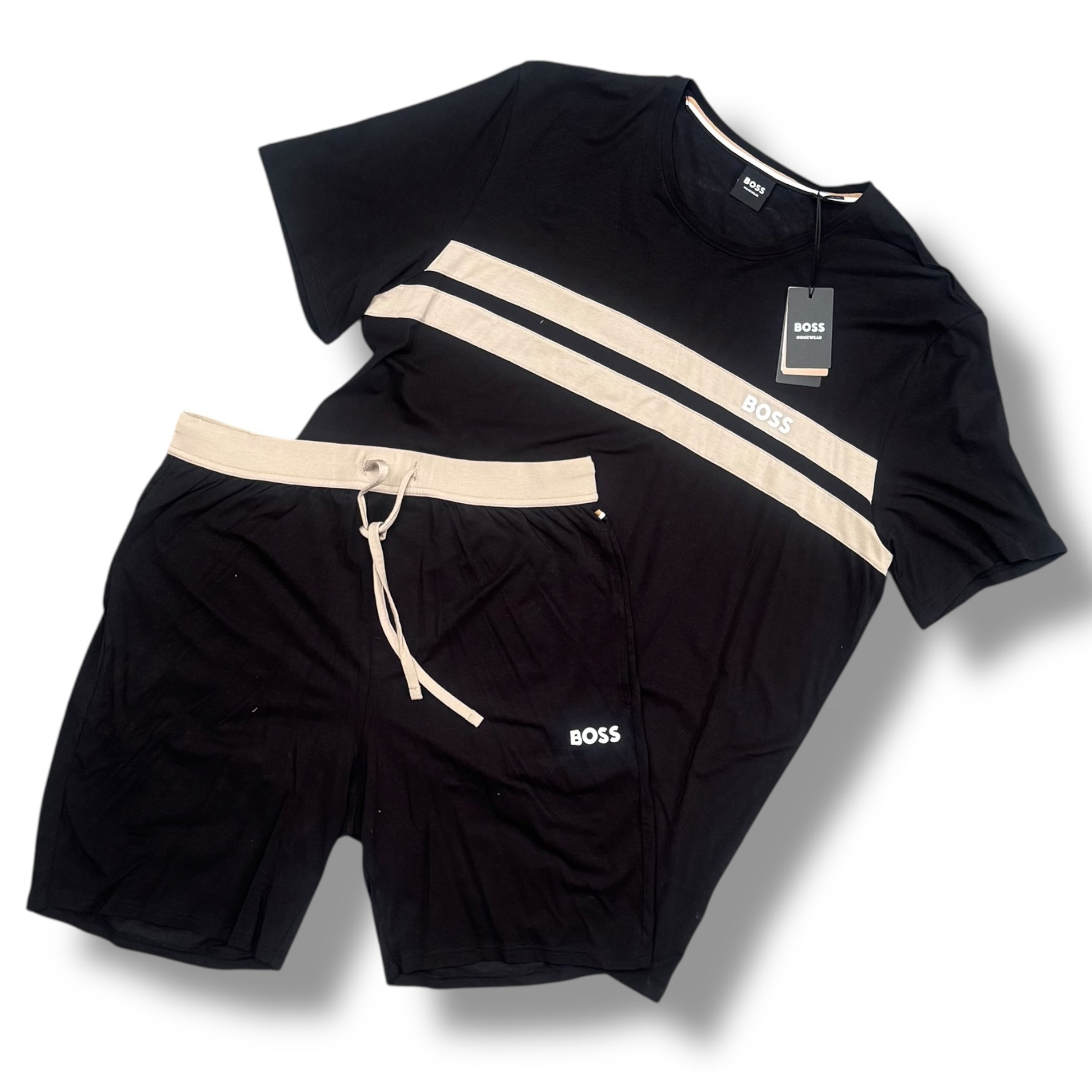HUGO BOSS STRIPE LOGO T-SHIRT & JERSEY SHORTS BLACK & BEIGE *SALE*