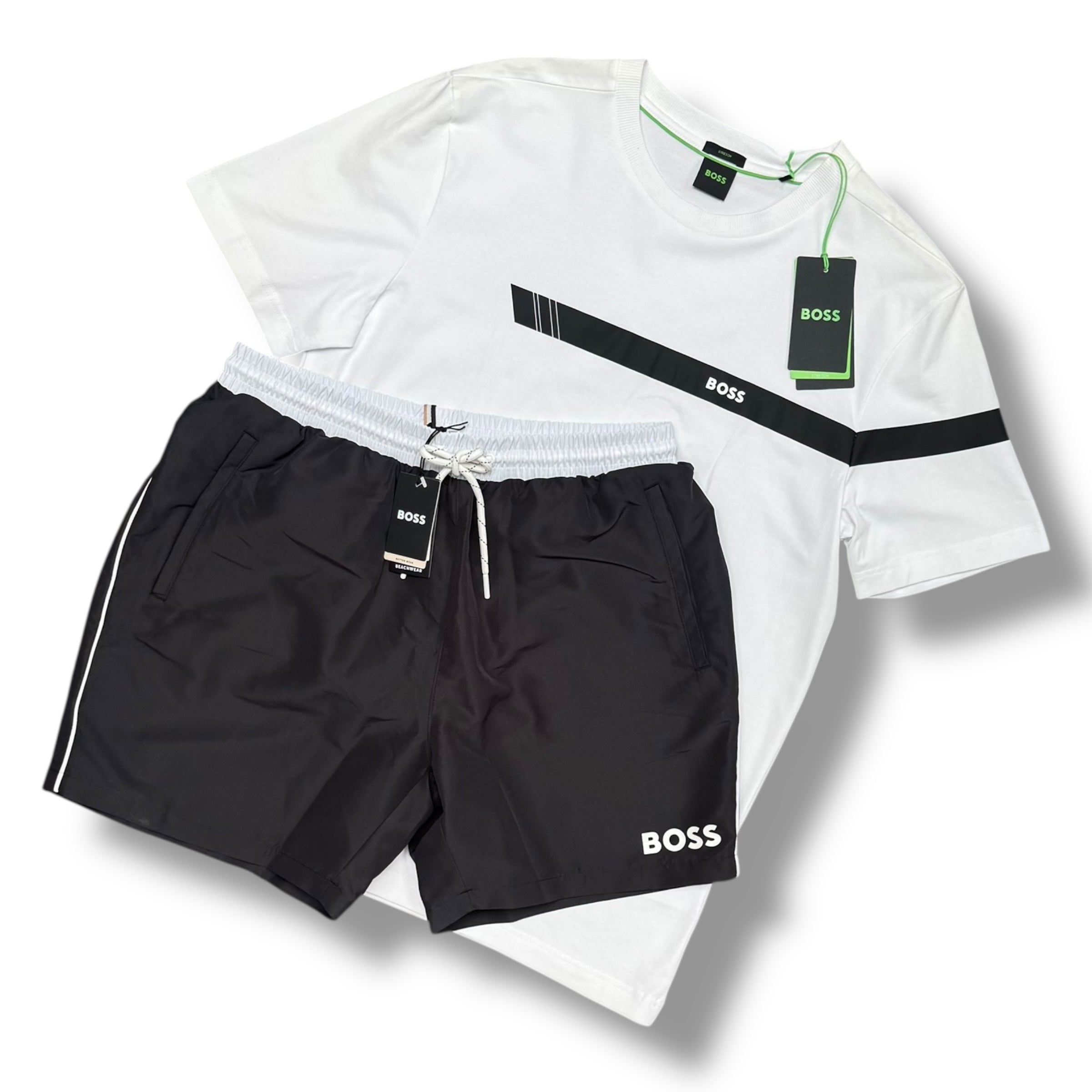 HUGO BOSS STRIP T-SHIRT & SWIM SHORTS SET WHITE & BLACK *SALE*