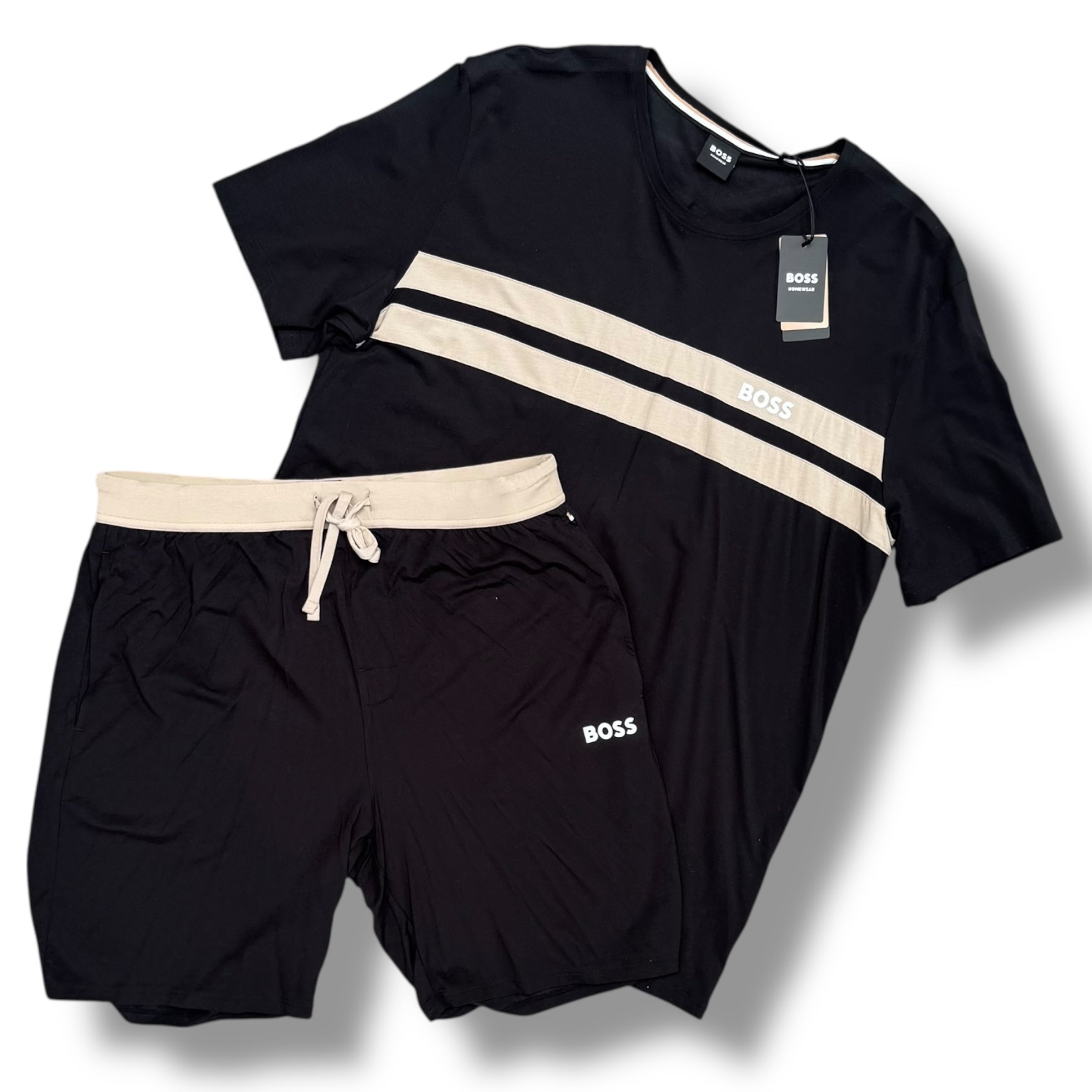 HUGO BOSS BEIGE STRIPE T-SHIRT & JERSEY SHORTS BLACK *SALE*