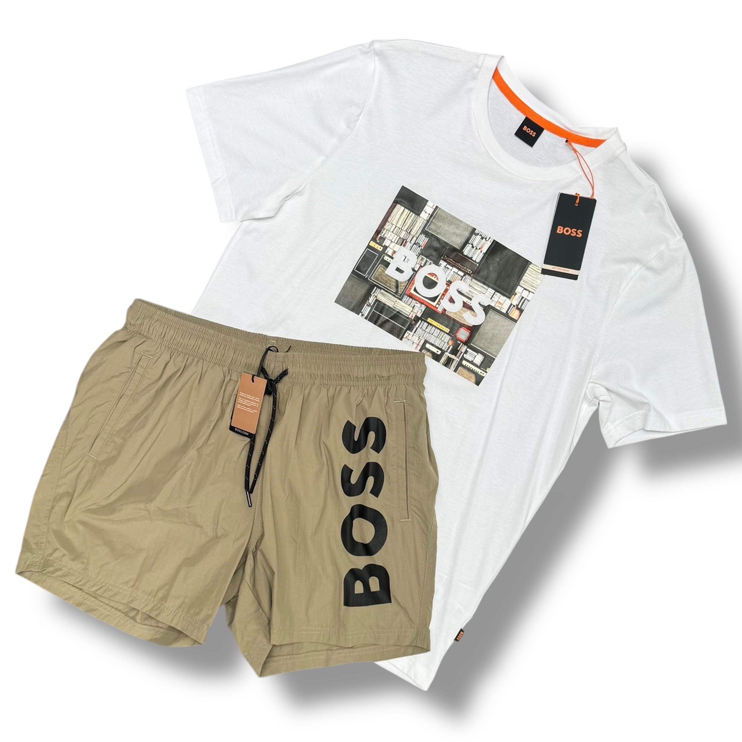 HUGO BOSS T-SHIRT & SWIM SHORTS SET BEIGE BOX *SALE*