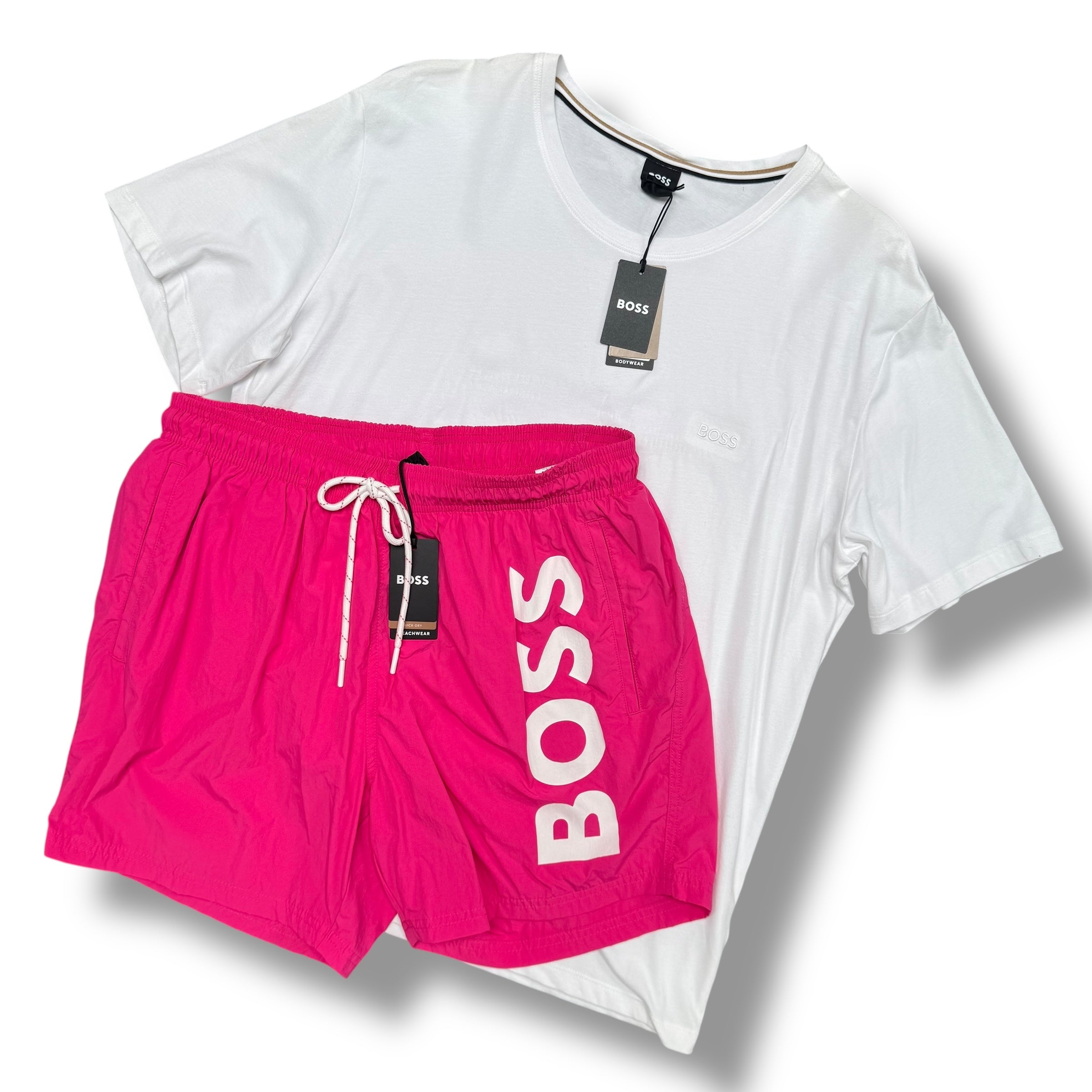HUGO BOSS T-SHIRT & SWIM SHORTS SET WHITE & PINK *SALE*