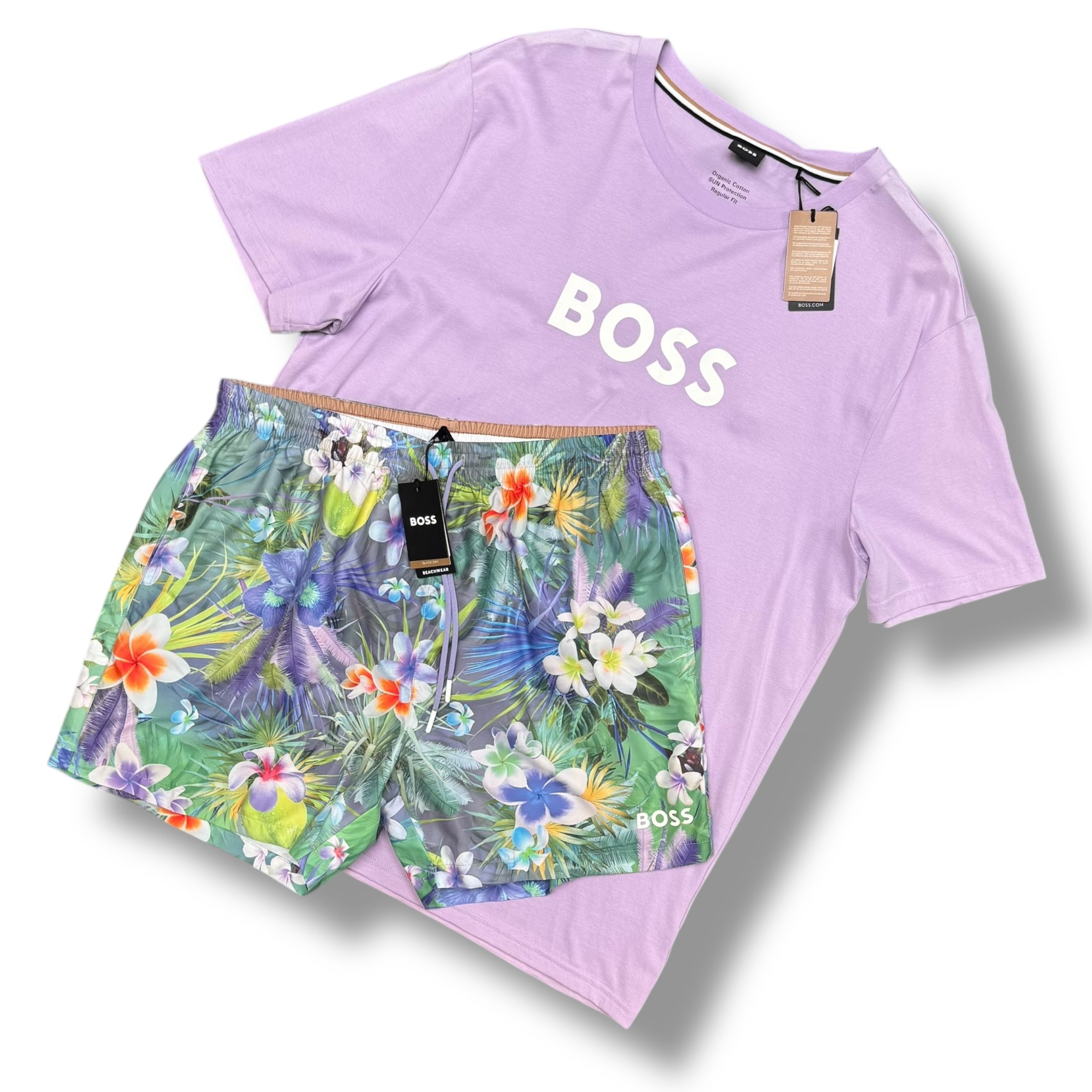 HUGO BOSS T-SHIRT & SWIM SHORTS SET PURPLE FLORAL *SALE*