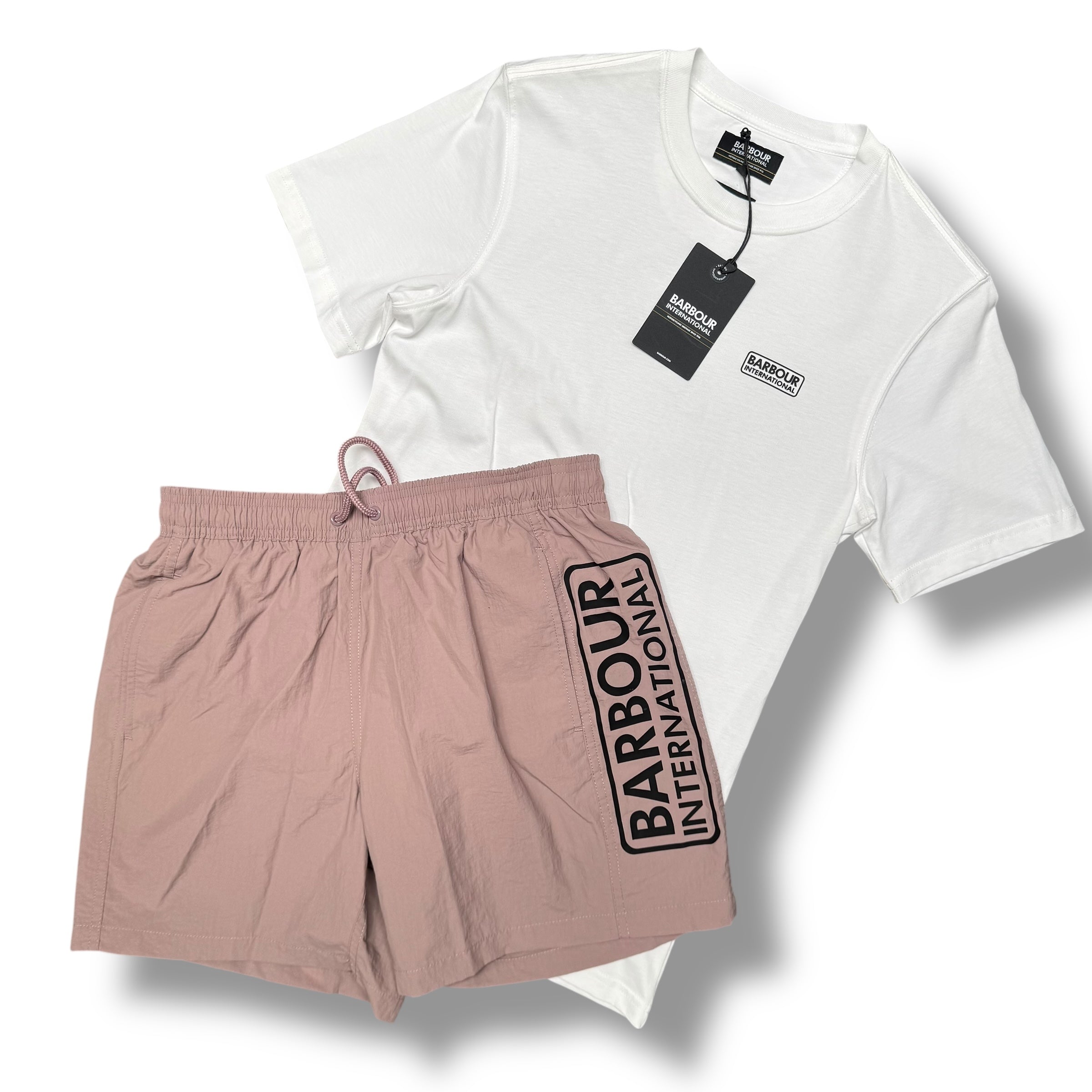 BARBOUR SMALL LOGO T-SHIRT & SWIM SHORTS COMBO WHITE - PINK *SALE*