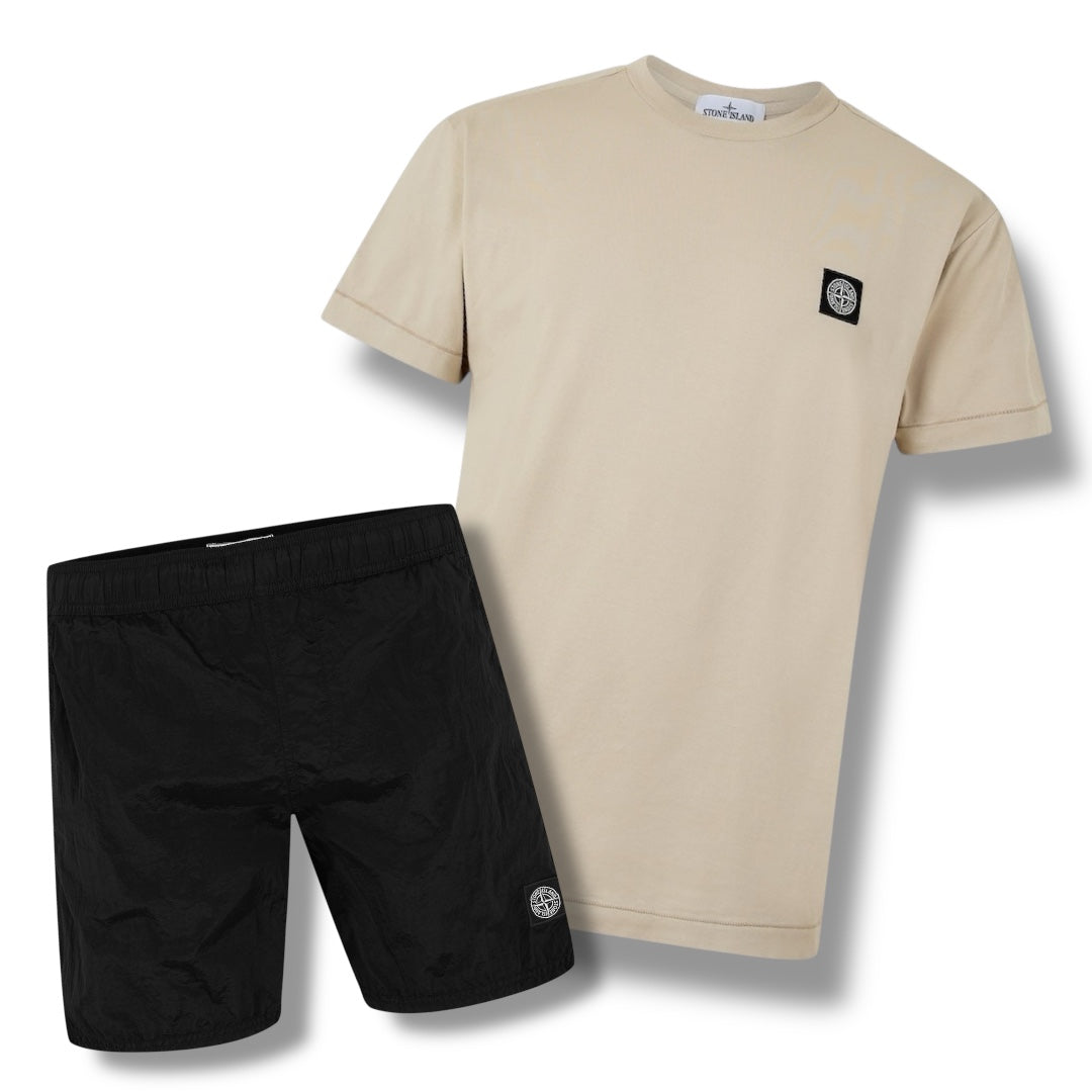 STONE ISLAND PATCH LOGO T-SHIRT & NYLON METAL SWIM SHORTS COMBO DESERTO BEIGE / BLACK