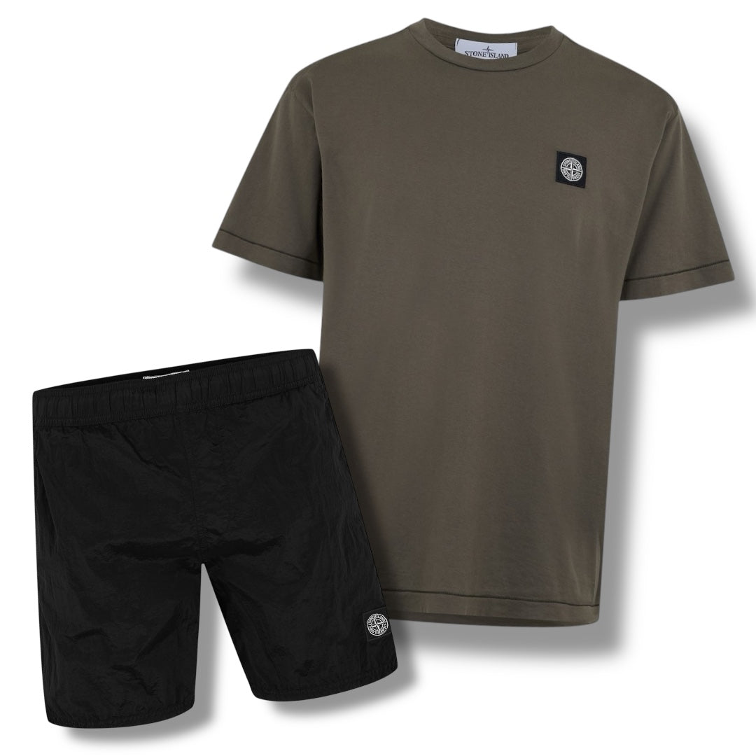 STONE ISLAND PATCH LOGO T-SHIRT & NYLON METAL SWIM SHORTS COMBO ARMY GREEN / BLACK