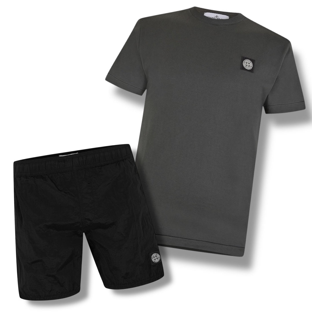 STONE ISLAND PATCH LOGO T-SHIRT & NYLON METAL SWIM SHORTS COMBO DARK GREY / BLACK