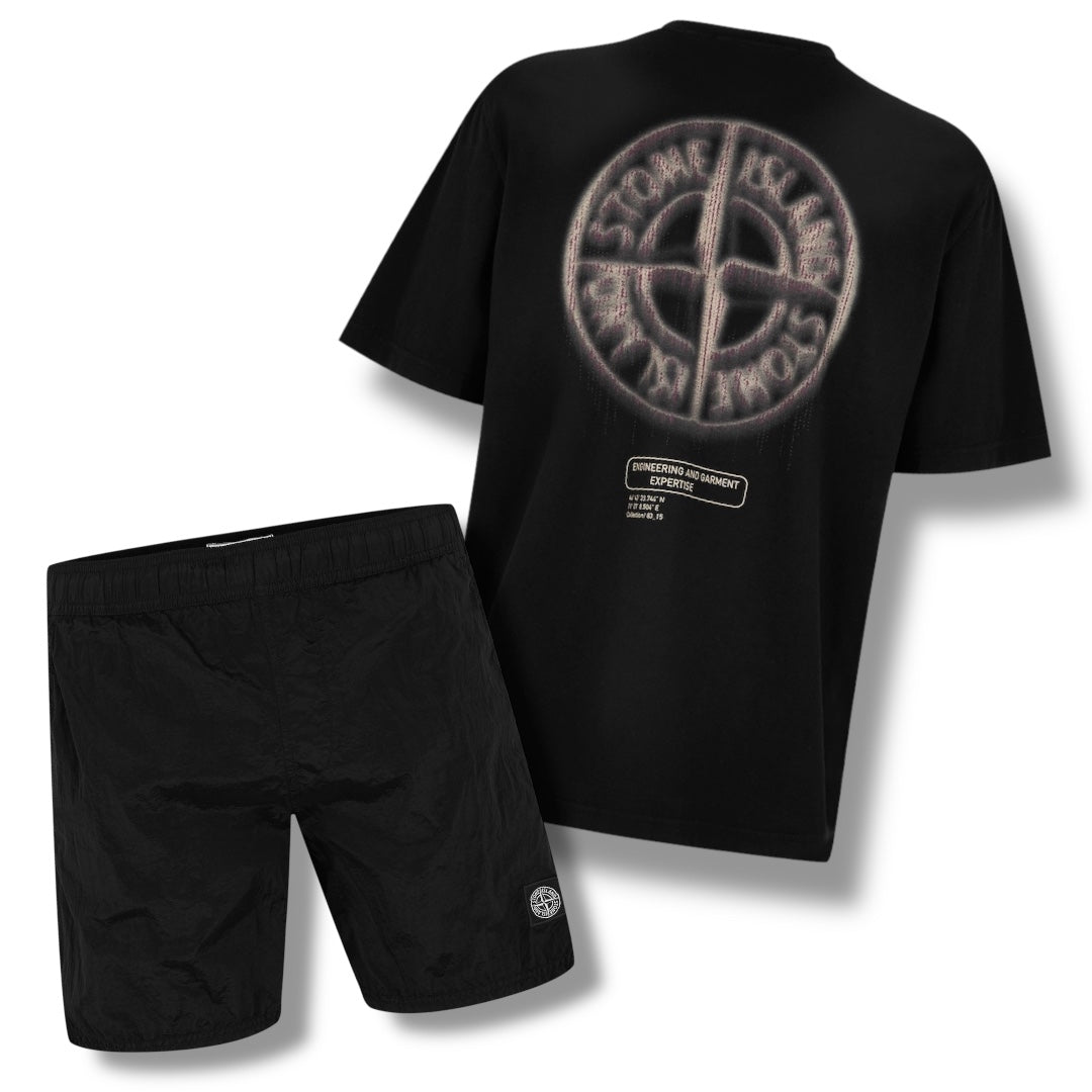 STONE ISLAND BACK DIAL BLUR LOGO T-SHIRT & NYLON METAL SWIM SHORTS COMBO BLACK
