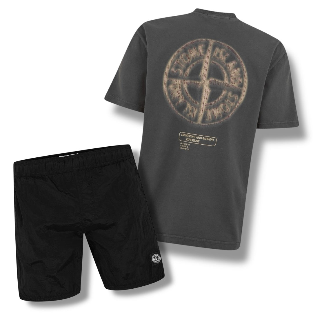 STONE ISLAND BACK DIAL BLUR LOGO T-SHIRT & NYLON METAL SWIM SHORTS COMBO GREY / BLACK