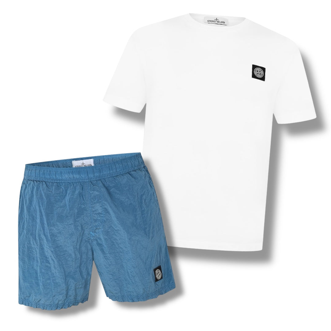 STONE ISLAND PATCH LOGO T-SHIRT & NYLON METAL SWIM SHORTS COMBO WHITE / BLUE