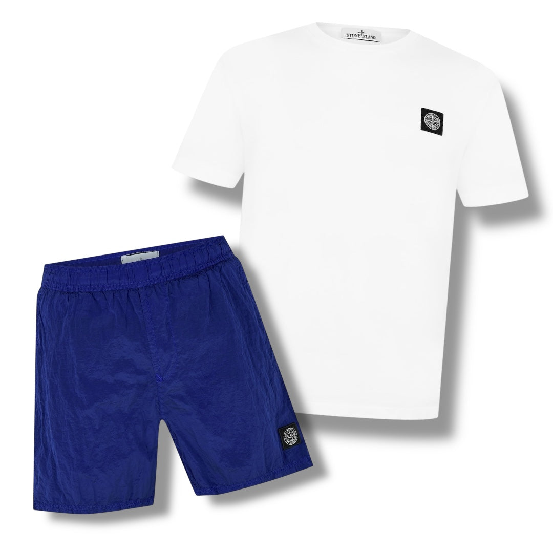 STONE ISLAND PATCH LOGO T-SHIRT & NYLON METAL SWIM SHORTS COMBO WHITE / BLUETTE