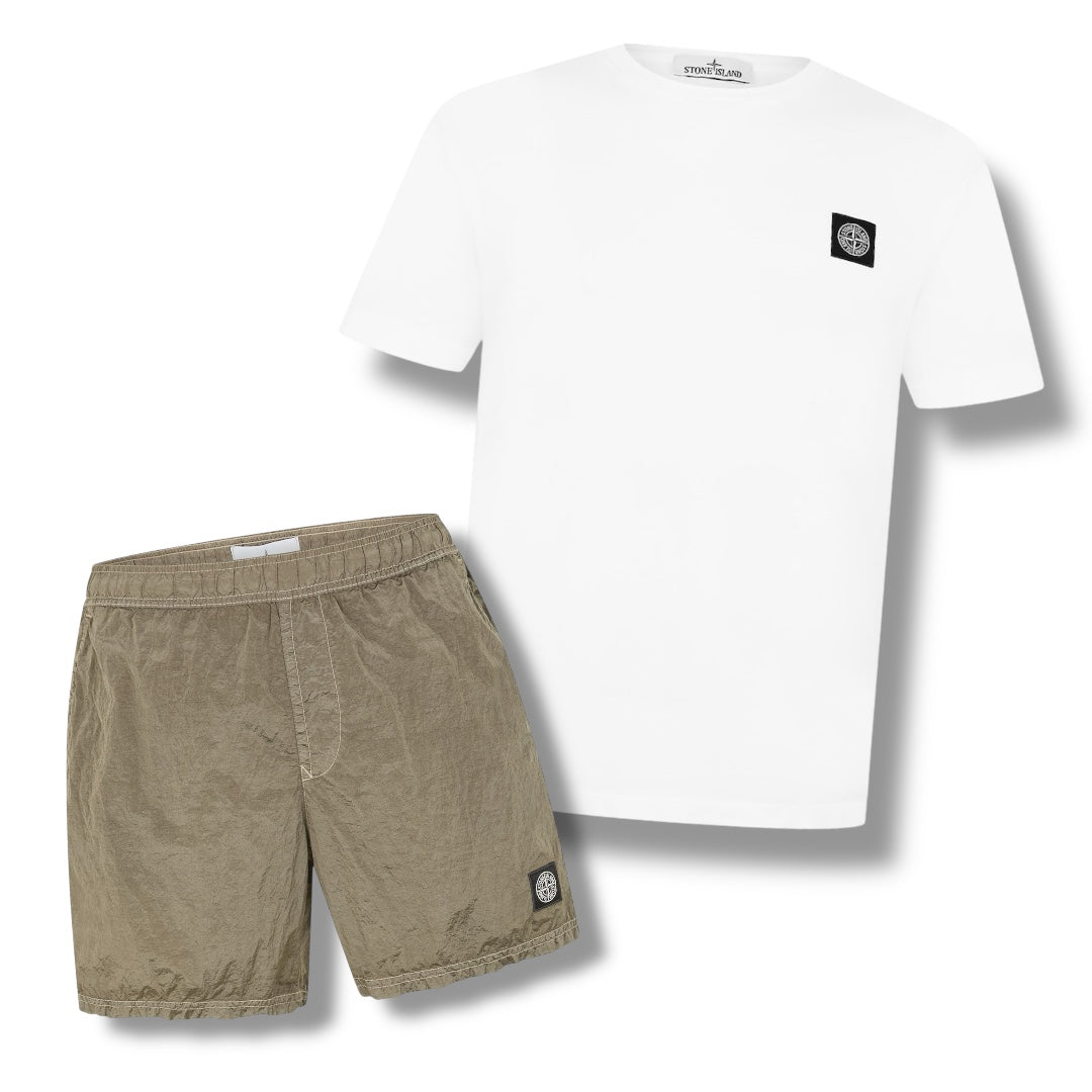STONE ISLAND PATCH LOGO T-SHIRT & NYLON METAL SWIM SHORTS COMBO WHITE / ARMY GREEN