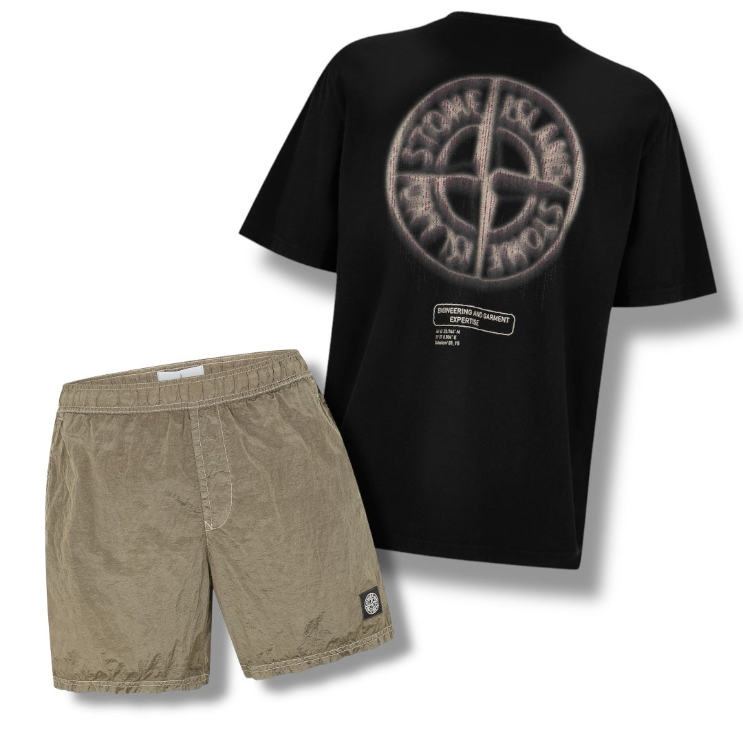 STONE ISLAND BACK DIAL BLUR LOGO T-SHIRT & NYLON METAL SWIM SHORTS COMBO BLACK / ARMY GREEN