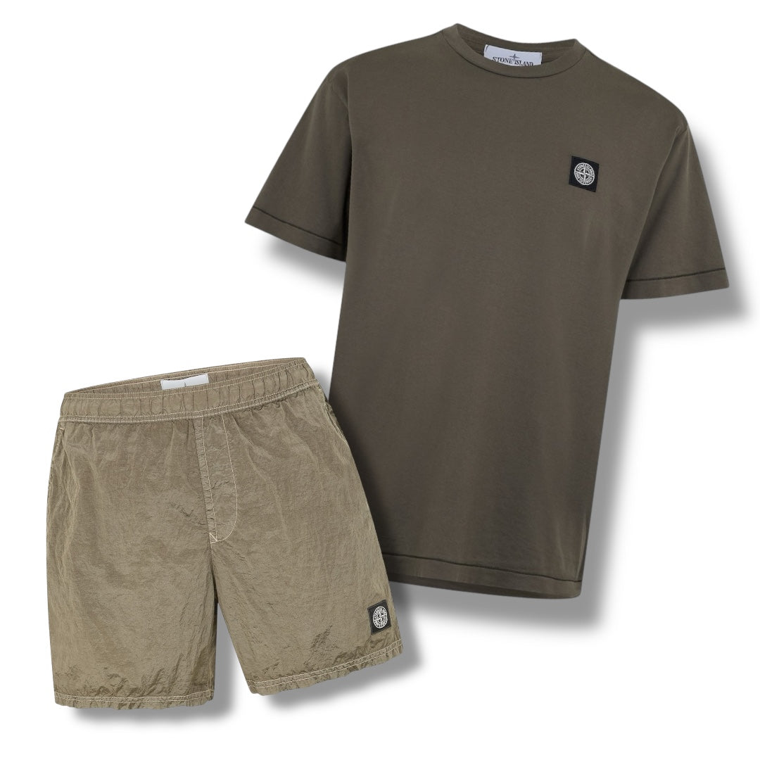 STONE ISLAND PATCH LOGO T-SHIRT & NYLON METAL SWIM SHORTS COMBO ARMY GREEN