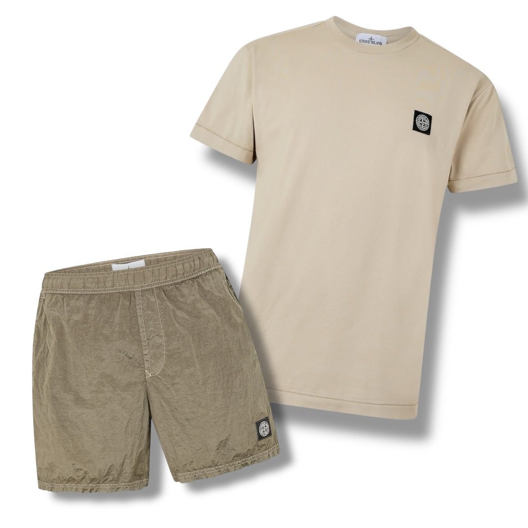 STONE ISLAND PATCH LOGO T-SHIRT & NYLON METAL SWIM SHORTS COMBO DESERTO BEIGE /ARMY GREEN