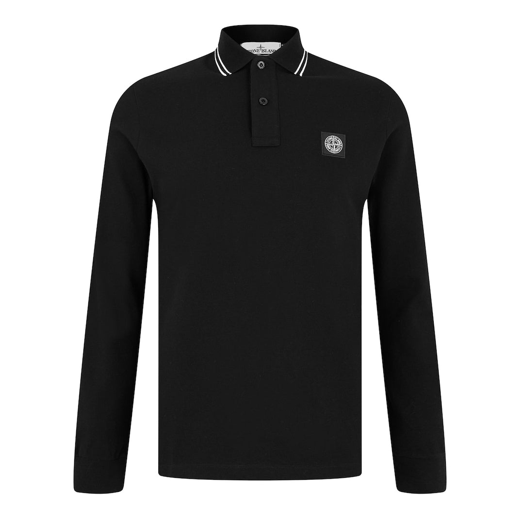 STONE ISLAND PATCH LOGO LONG SLEEVED POLO SHIRT BLACK
