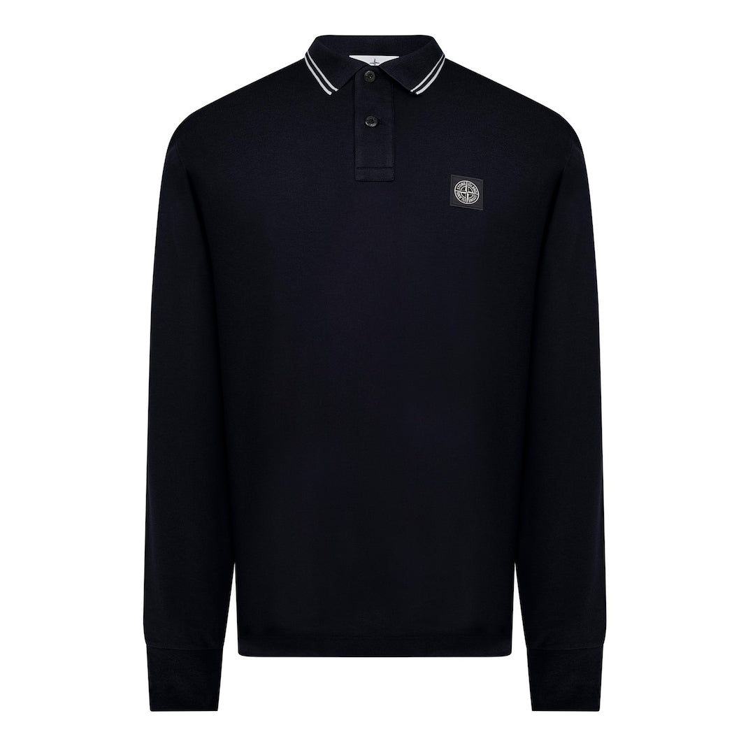 STONE ISLAND PATCH LOGO LONG SLEEVED POLO SHIRT NAVY BLUE