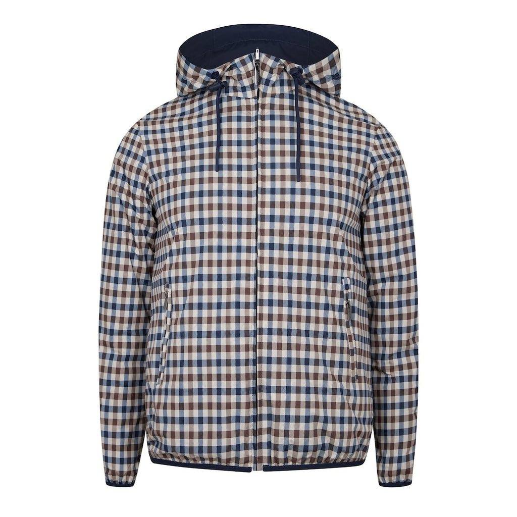 AQUASCUTUM HOODED JACKET REVERSIBLE CHECK ALL OVER NAVY BLUE