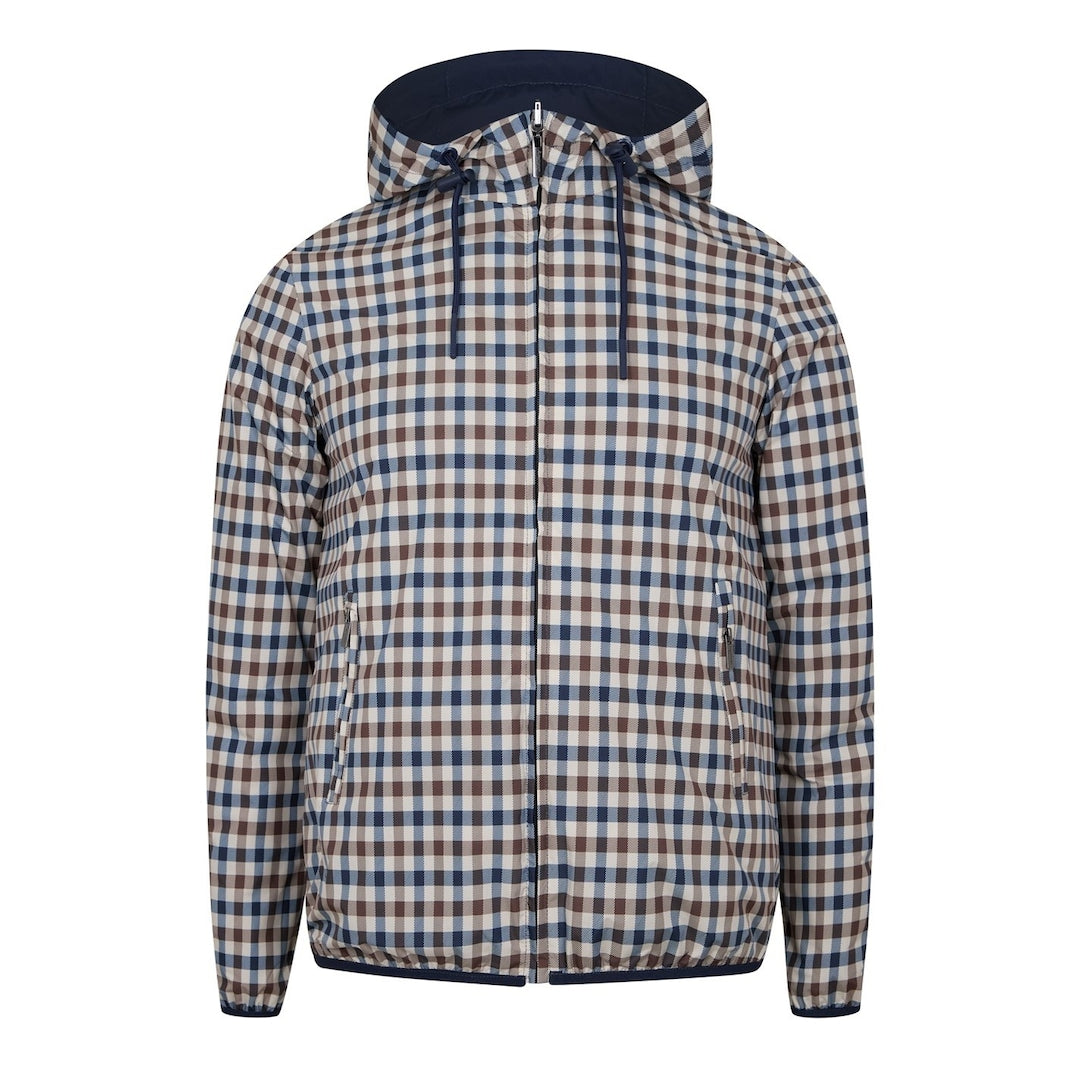 AQUASCUTUM HOODED JACKET REVERSIBLE CHECK ALL OVER NAVY BLUE